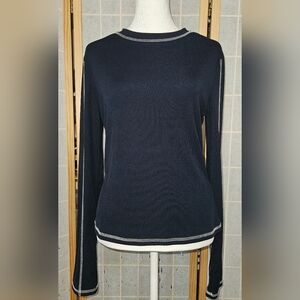 Navy Blue Long Sleeve Top with White Stitching - Size L